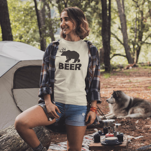 Introducing the ultimate camping fashion statement - the BEER t-shirt! Picture this: a bear with deer antlers, because why not mix things up in the wild? This shirt screams "I love nature... and a good brew!"